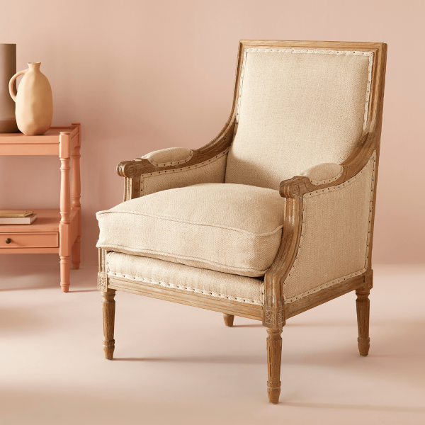 Bergère en chêne massif et tissu jute LOUIS XVI